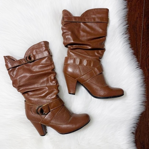 NICOLE Brown High Heel Buckle Pull On Boots - Picture 1 of 9